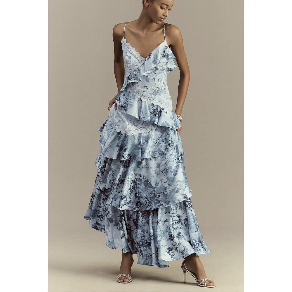 BHLDN Elora Sleeveless V-Neck Ruffle Lace Maxi Dress